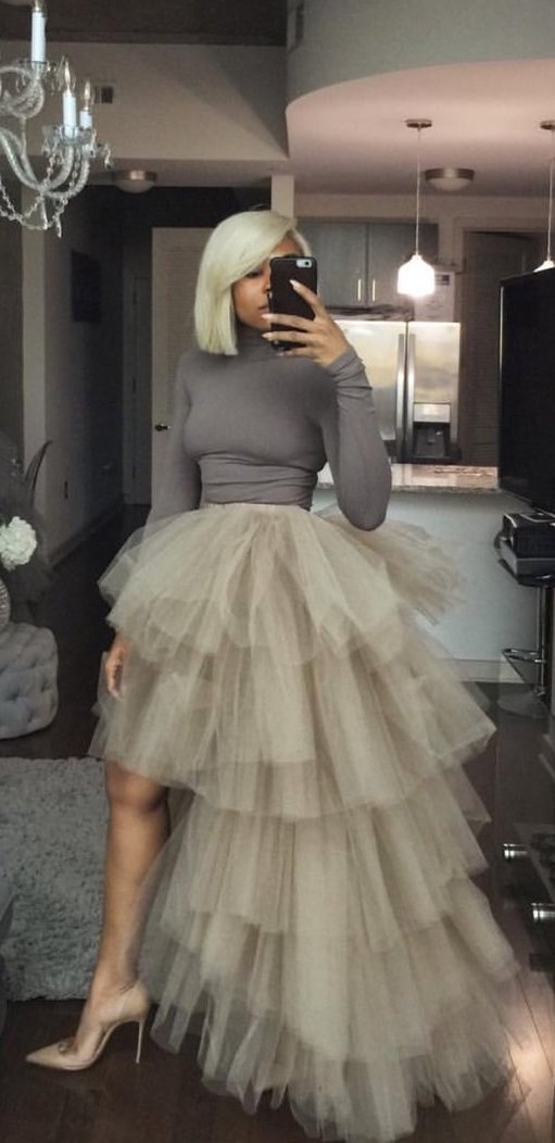 Oyemwen Tiered High Low Tulle Maxi Tutu Skirt Turtleneck Set (Nude) Oyemwen Tiered High Low Tulle Maxi Tutu Skirt Turtleneck Set (Nude)