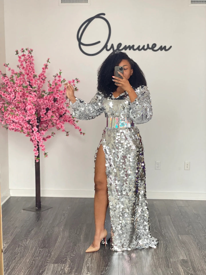 Custom Oyemwen Silver Sequin High Slit Birthday Dress