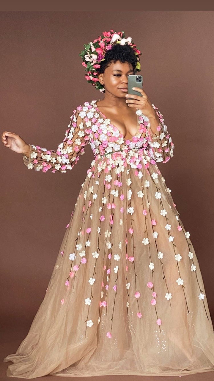 Oyemwen Nude Long Sleeve Floral Appliqué Dress
