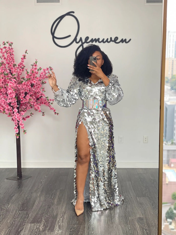 Custom Oyemwen Silver Sequin High Slit Birthday Dress
