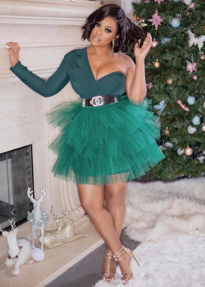 Oyemwen One Shoulder Tutu Mini Dress Green