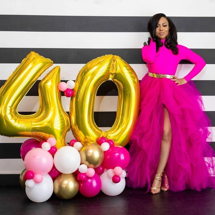 Oyemwen Tiered High Slit Tulle Maxi Tutu Ball Skirt Turtleneck Set (Hot Pink)