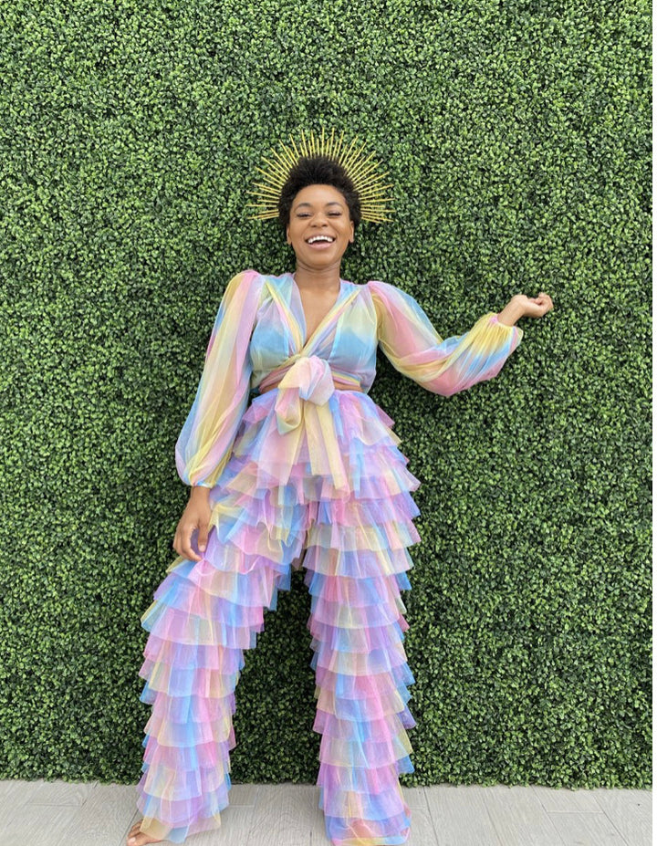 Oyemwen Candy Rainbow Pastel Tulle Wrap Top