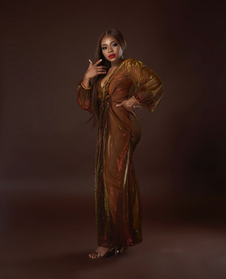 Oyemwen Holiday Collection Pleated Maxi Dress Gold / Red