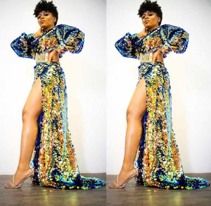Oyemwen Purple Green Iridescent Sequin High Slit Birthday Dress