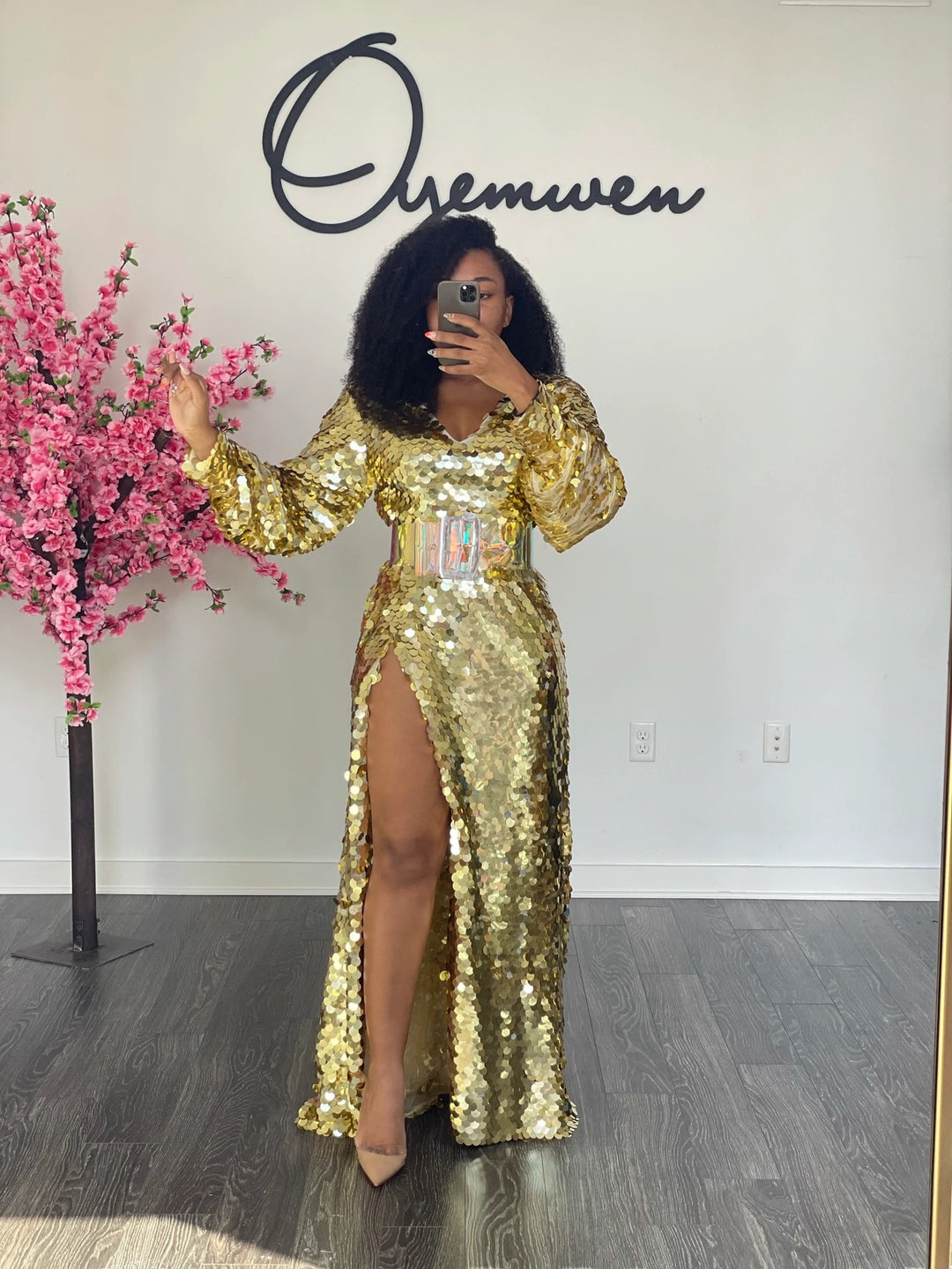 Custom Oyemwen Gold Sequin High Slit Birthday Dress
