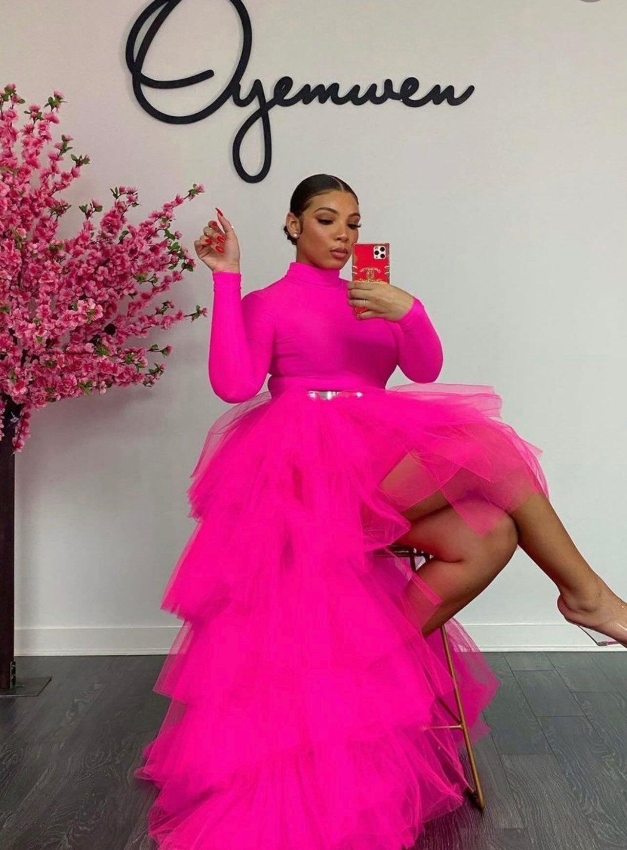 Oyemwen Hot Pink High Low Tulle Maxi Tutu Skirt Turtleneck Set