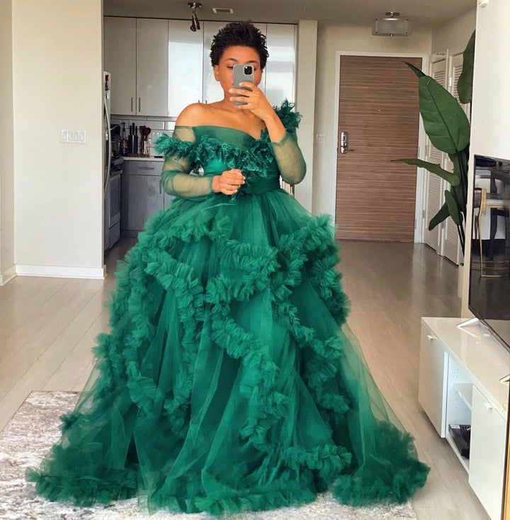 Oyemwen Off the Shoulder Green Tulle Robe