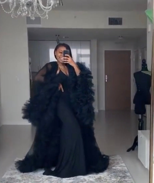Oyemwen Black Tulle Robe with Matching Slip