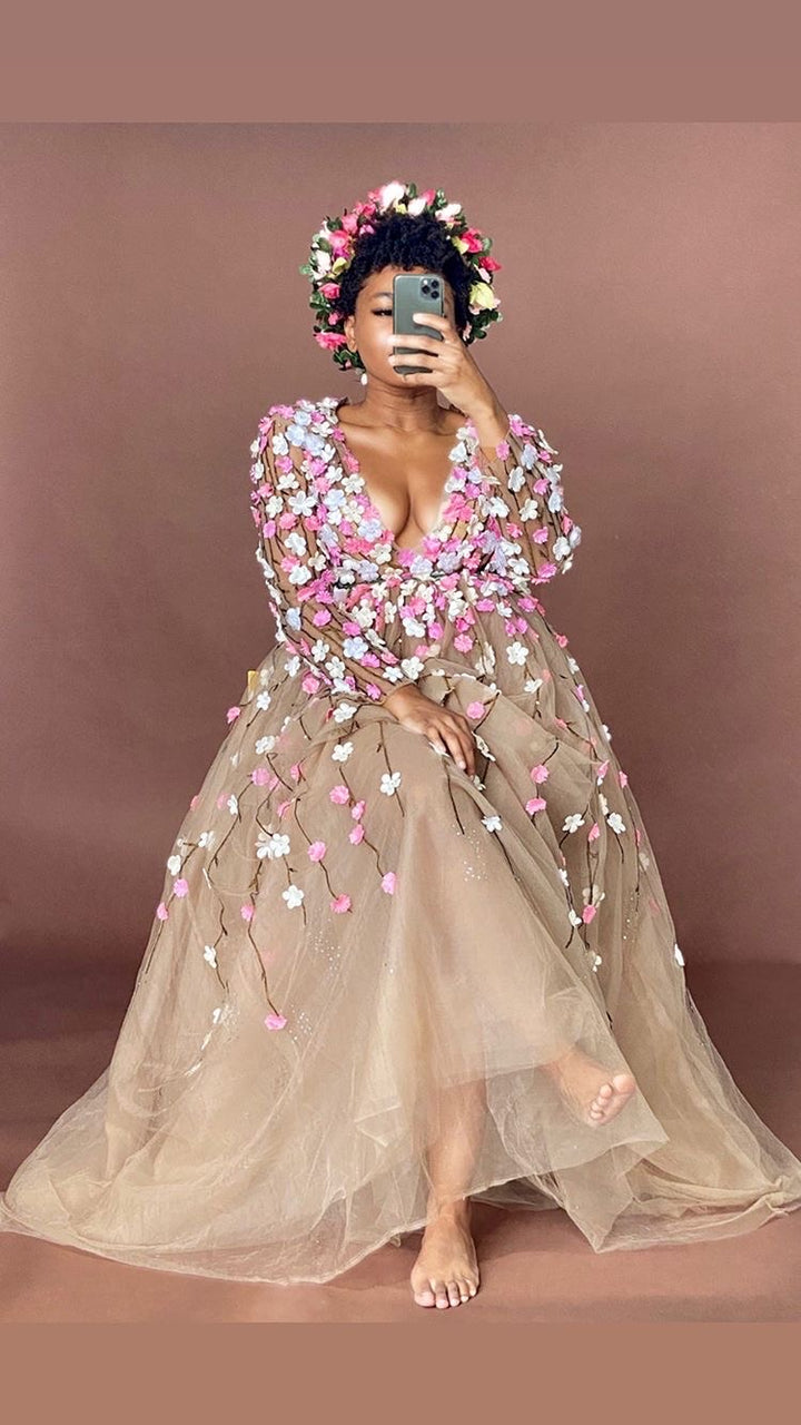 Oyemwen Nude Long Sleeve Floral Appliqué Dress