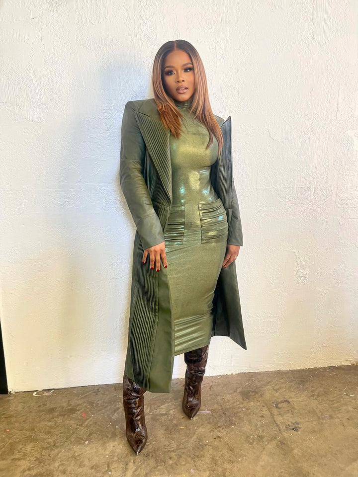 Pre-Order Michele Lopez Olive Green Midi Mila Bodycon Dress with Pockets