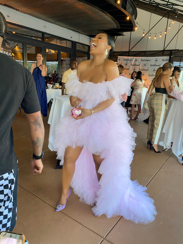 Oyemwen Pink Off the Shoulder Tulle Gown