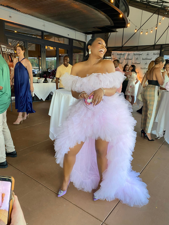 Oyemwen Pink Off the Shoulder Tulle Gown