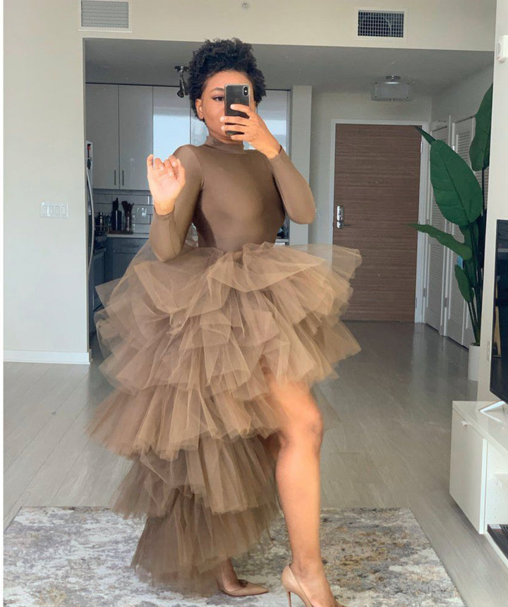 Oyemwen Coco Tiered High Low Tulle Tutu Skirt Turtleneck Set (Brown)