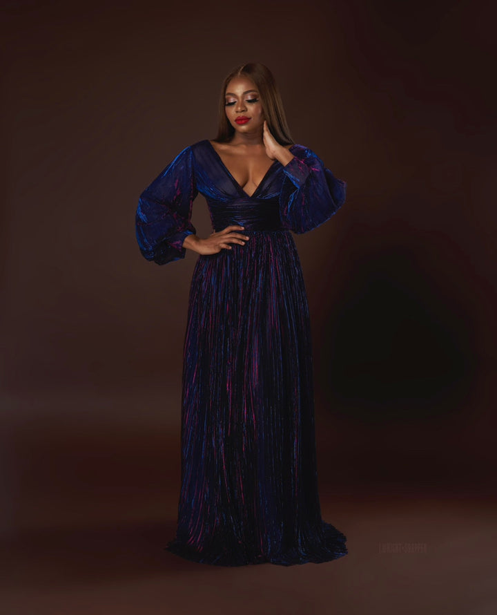 Oyemwen Holiday Collection Pleated Maxi Dress Purple/Blue