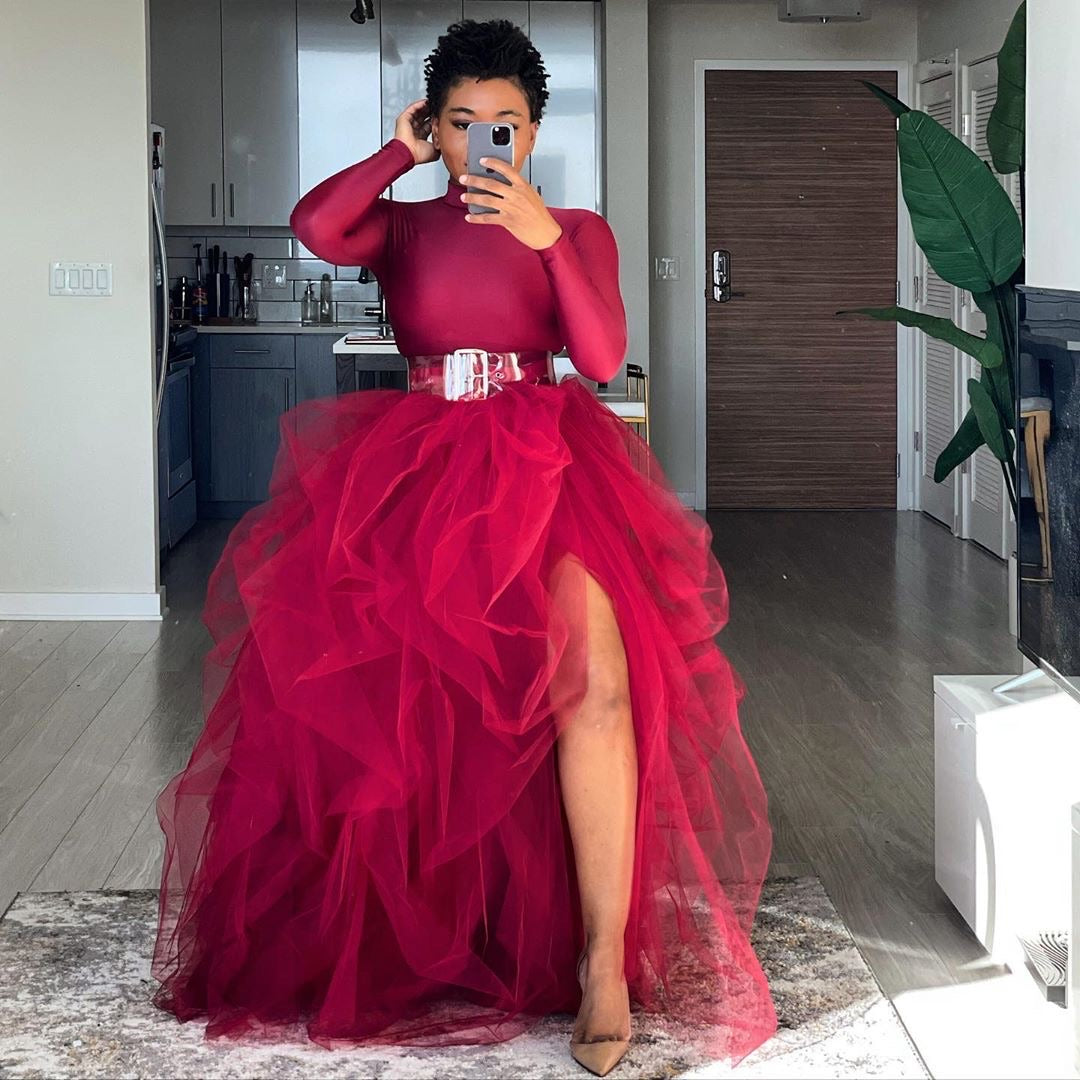 Oyemwen Tiered High Slit Tulle Maxi Tutu Ball Skirt Turtleneck Set (Ruby) M Oyemwen Tiered High Slit Tulle Maxi Tutu Ball Skirt Turtleneck Set (Ruby) M