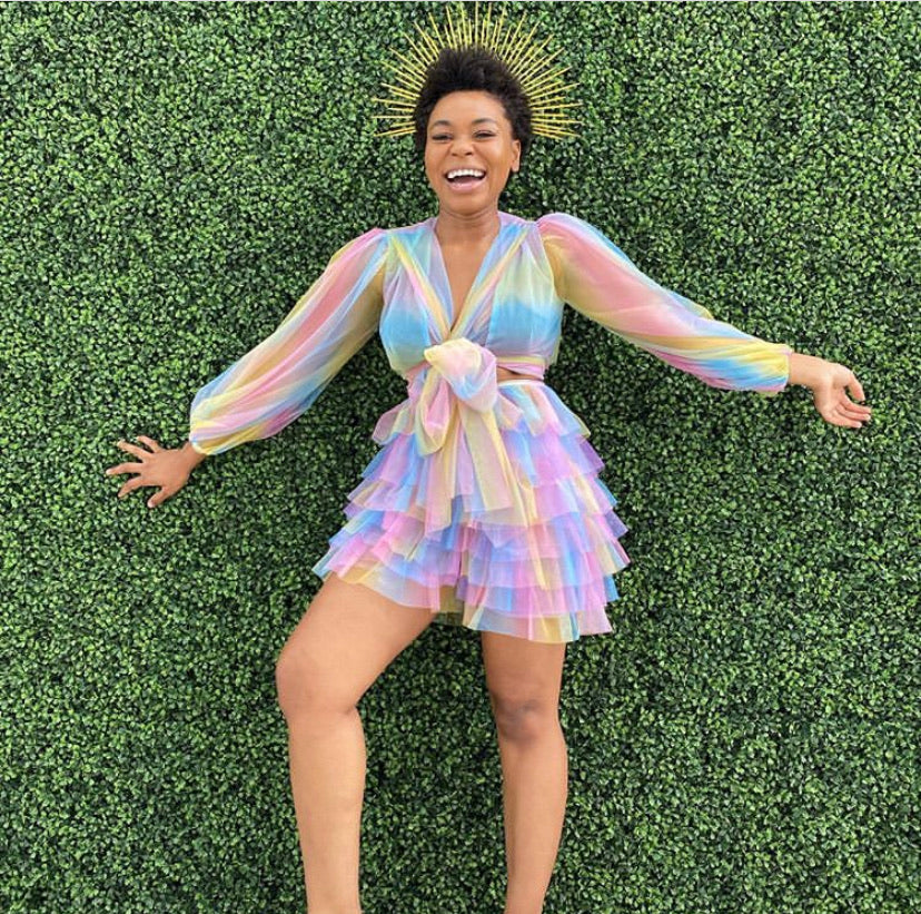 pastel rainbow wrap dress Taylor Pastel Multi Stripe Sequin Dress Olivia Rubin