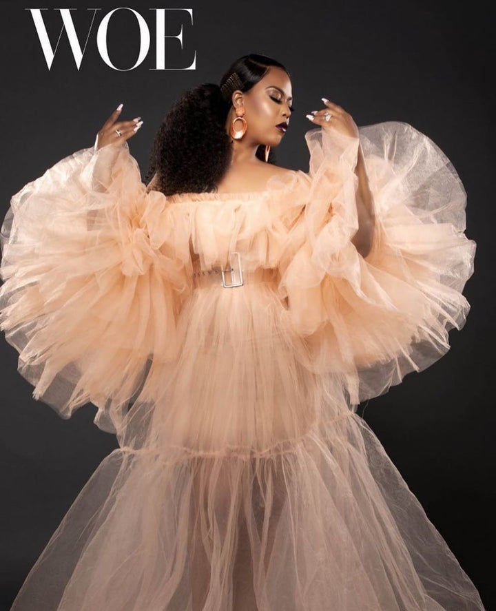 Oyemwen Custom 70’s Peach Sheer Dress with Slip (As Worn by Aventer Gray)