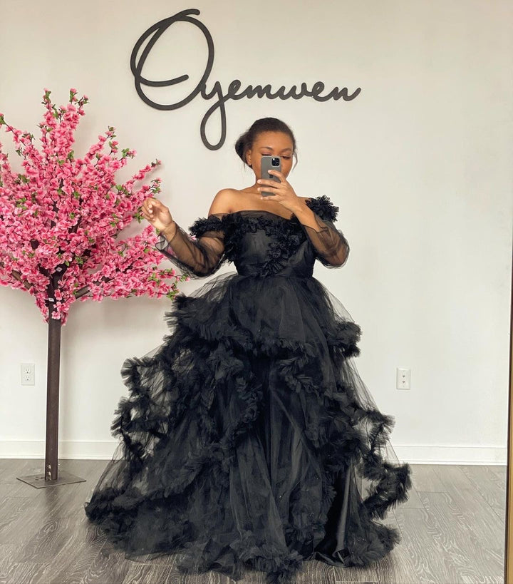 Oyemwen Off the Shoulder Black Tulle Robe