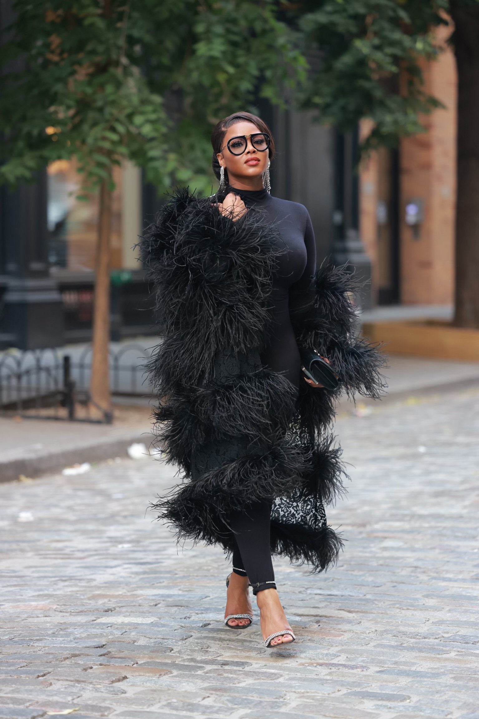 Black store feather coat