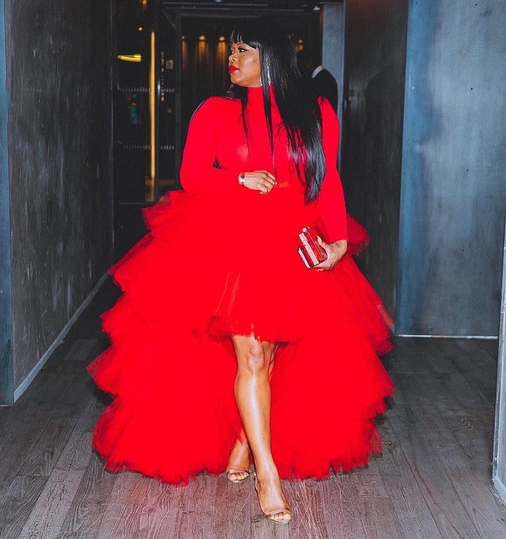 Oyemwen Tiered High Low Tulle Maxi Tutu Skirt Turtleneck Set (Red)