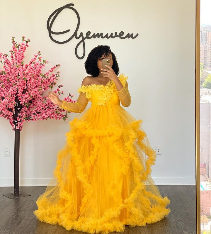 Oyemwen Off the Shoulder Yellow Tulle Robe