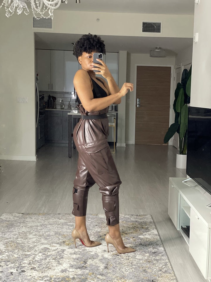 Oyemwen Vegan Leather Brown Cargo Pants