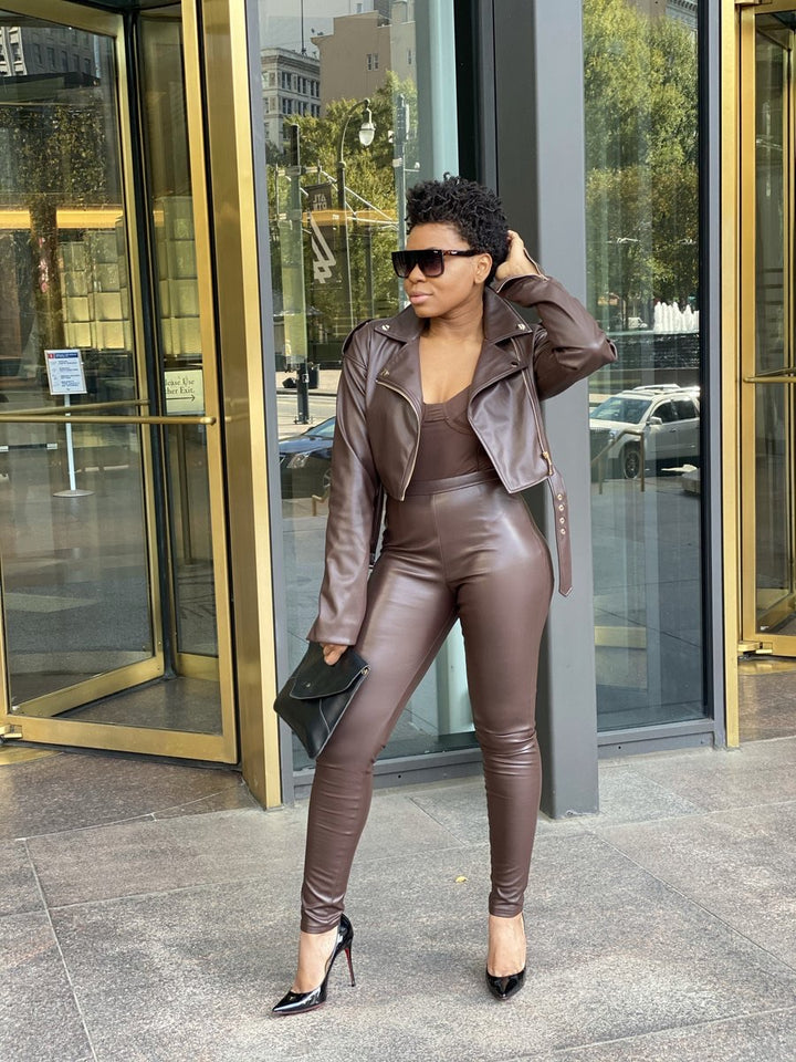 Oyemwen Vegan Leather Brown Moto Jacket