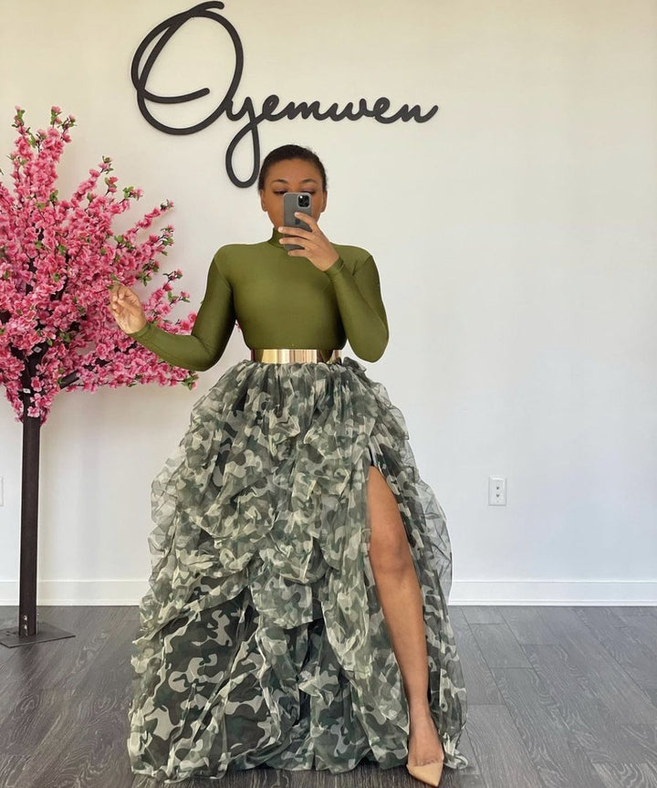 Custom Oyemwen Camouflage  High Slit Maxi Skirt Set (Top and Skirt)