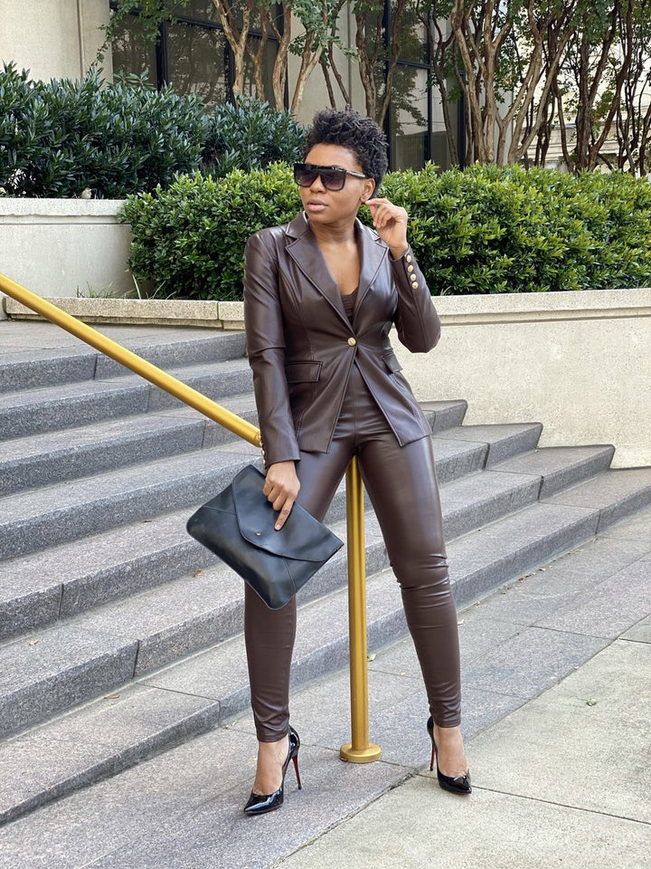 Oyemwen Vegan Leather Brown Blazer with Gold Buttons