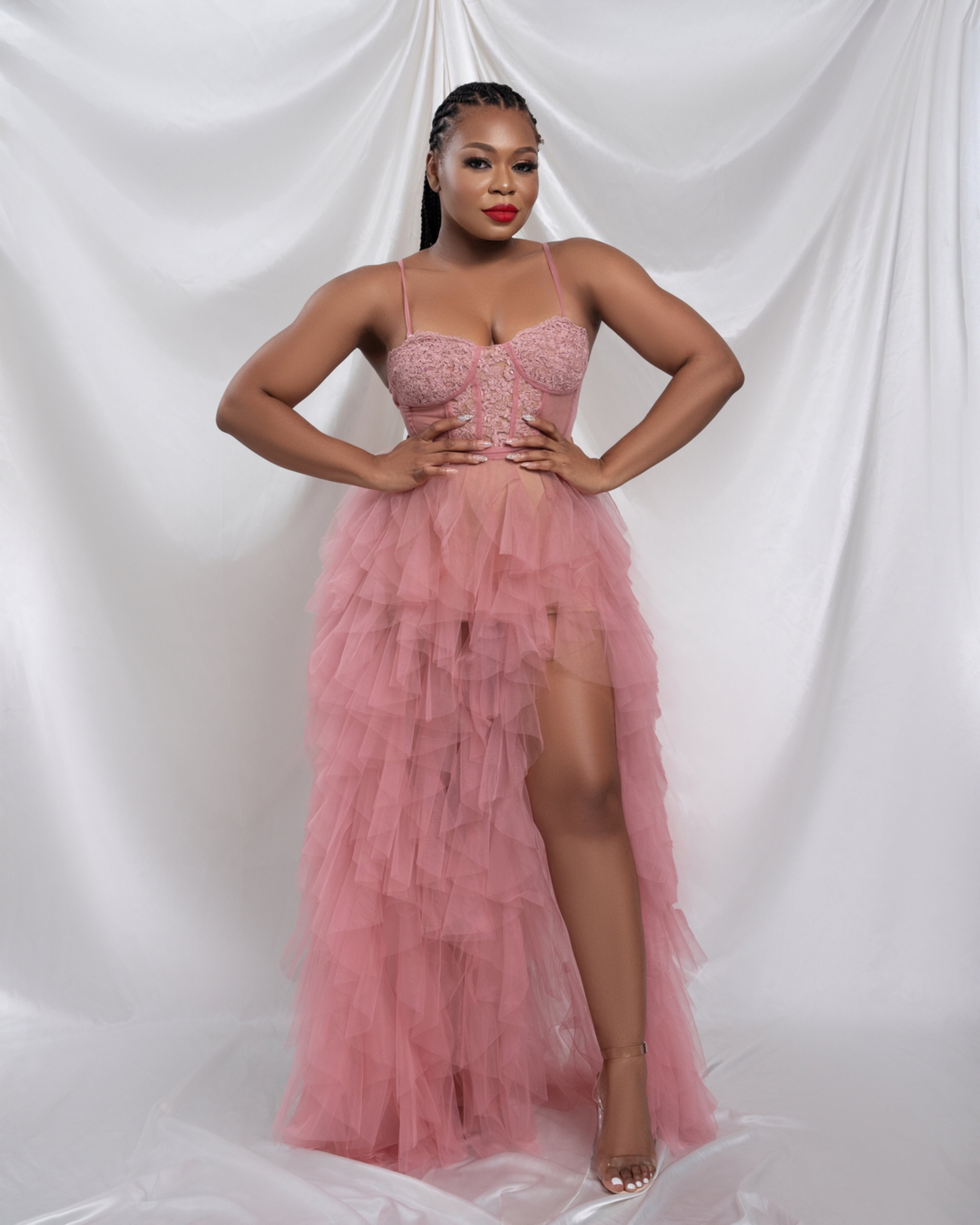 Oyemwen Valentines Day Mauve Pink High Slit Tiered Dress Oyemwen Valentines Day Mauve Pink High Slit Tiered Dress