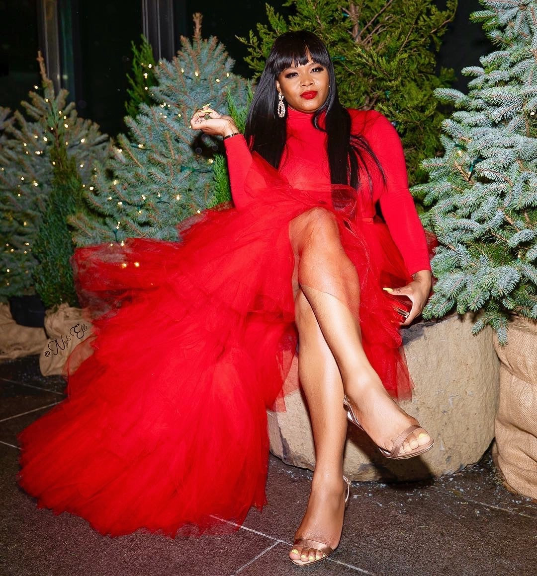 Oyemwen Tiered High Low Tulle Maxi Tutu Skirt Turtleneck Set (Red