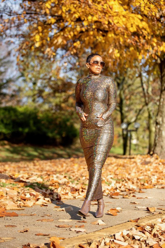 Pre-Order Michele Lopez Shattered Bronze Bodycon Dress with Pockets (Ankle Length)