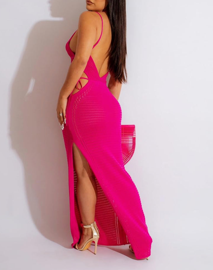 Keylows Women Hot Pink Halter Knit Backless Crochet Dress (as Worn by Porsha Williams)