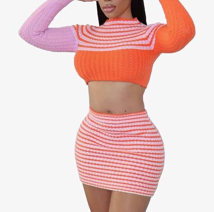 Keylows Pink and Orange Stripe Crop Top and Skirt Set (as worn by Lola Monroe)