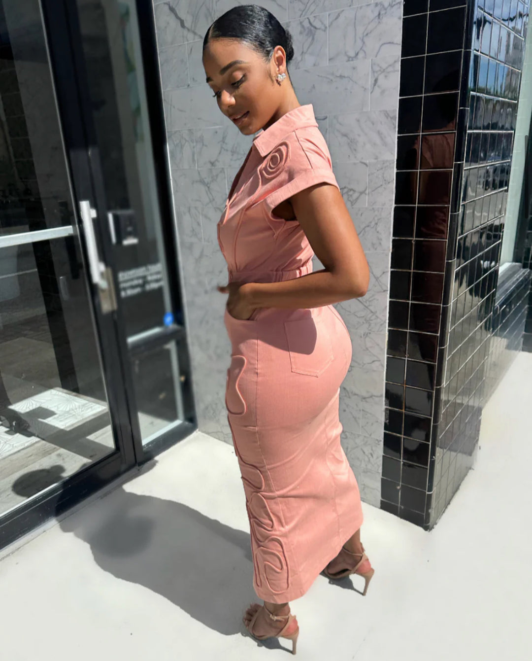 Meow and Barks Peach Stretch Denim Dress