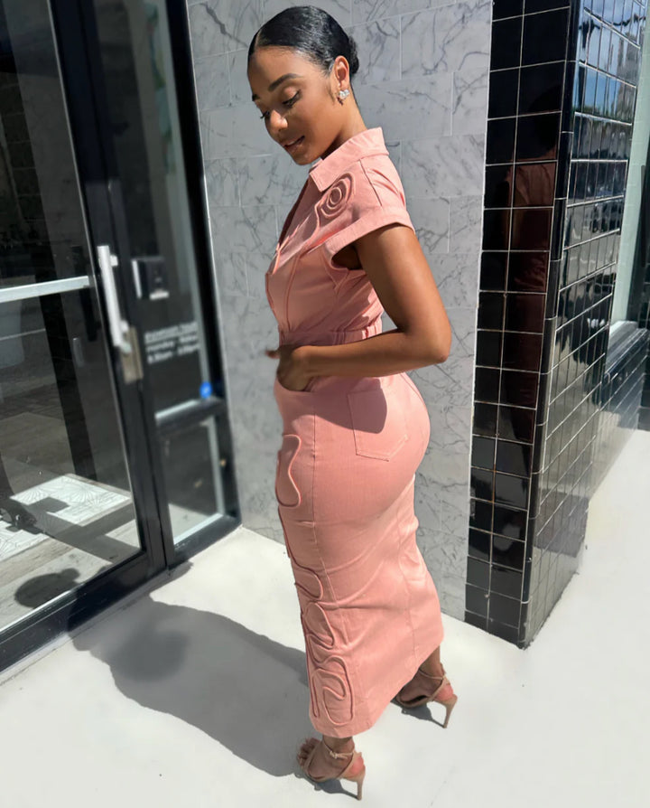 Meow and Barks Peach Stretch Denim Dress