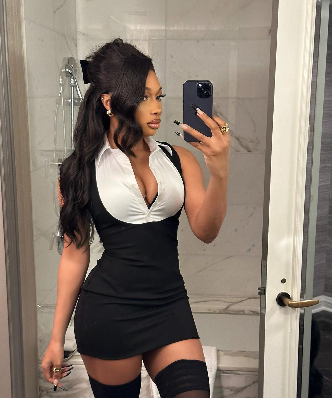 Keylows Contrast White Collar Black Bodycon Dress (similar  worn by Megan Thee Stallion)