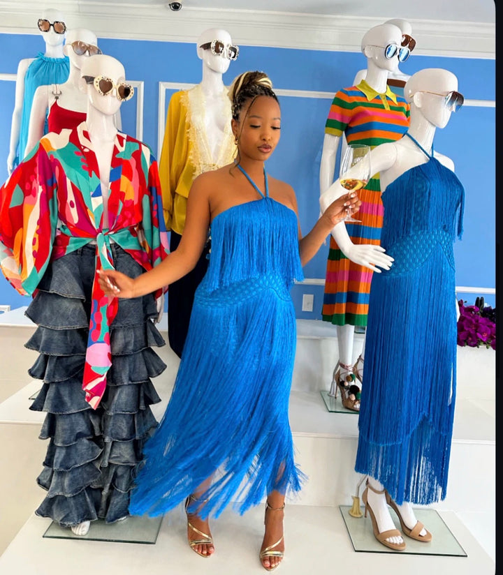 Meow and Barks Blue Fringe Dress