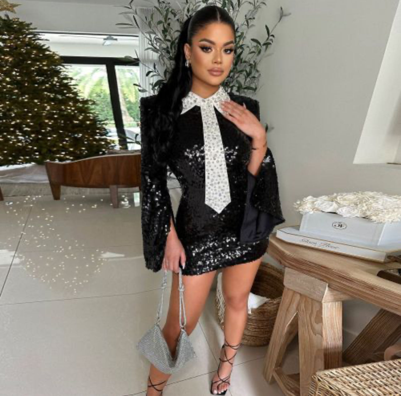 Black & White Pearl Tie Sequin Mini Dress (As Worn by Blac Chyna ...