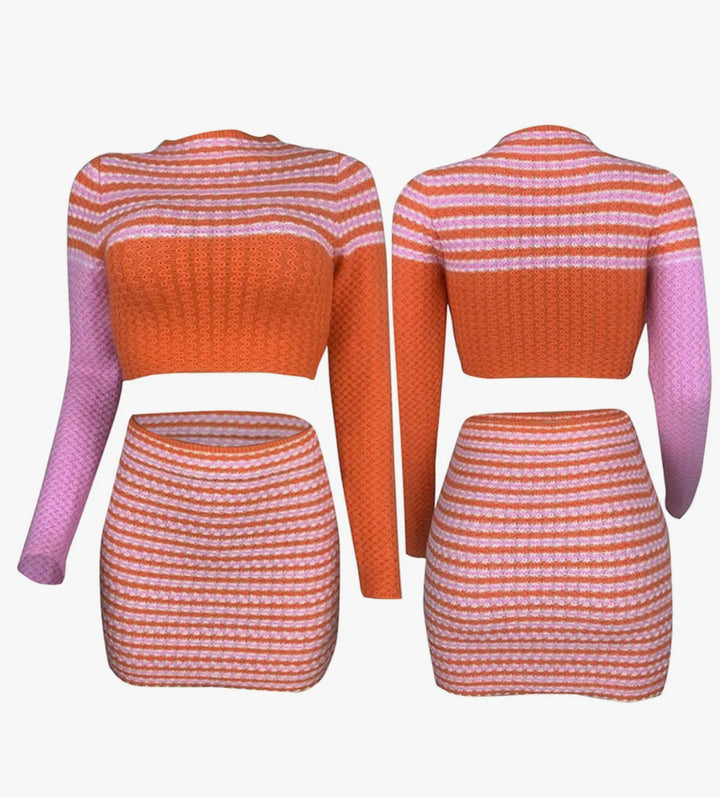 Keylows Pink and Orange Stripe Crop Top and Skirt Set (as worn by Lola Monroe)