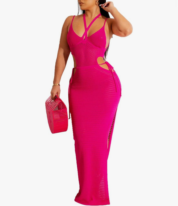 Keylows Women Hot Pink Halter Knit Backless Crochet Dress (as Worn by Porsha Williams)