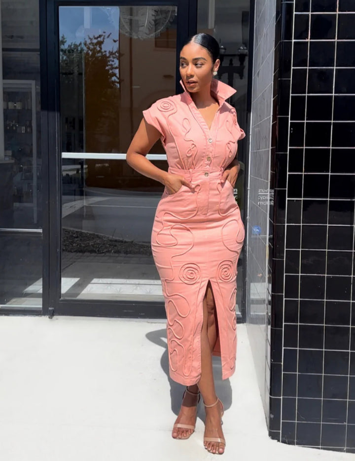 Meow and Barks Peach Stretch Denim Dress