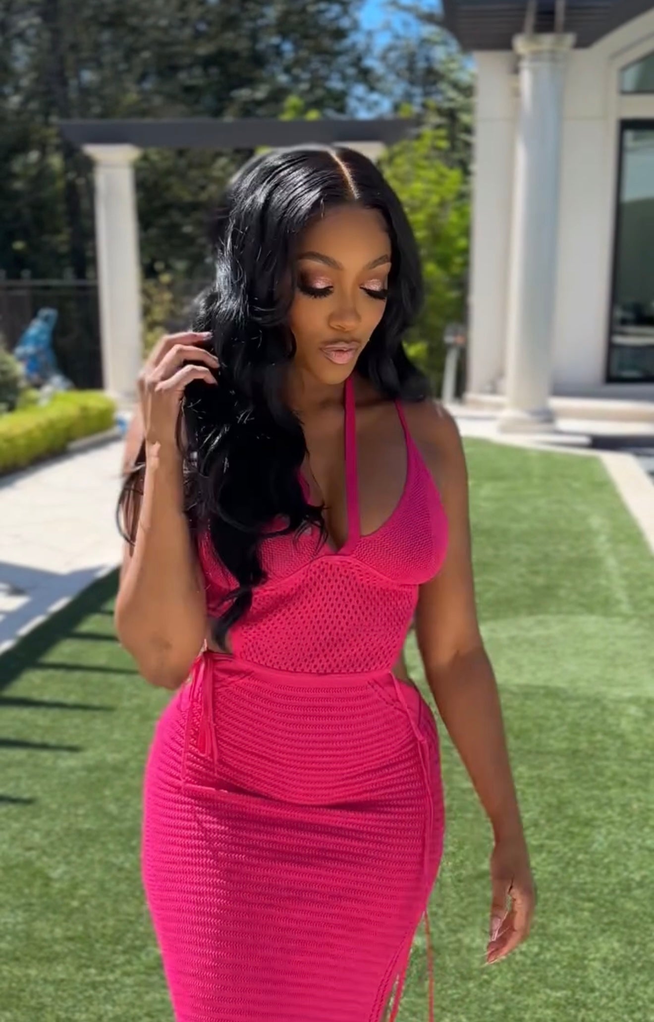 Keylows Hot Pink Halter Knit Backless Crochet Dress – Fashion Bomb