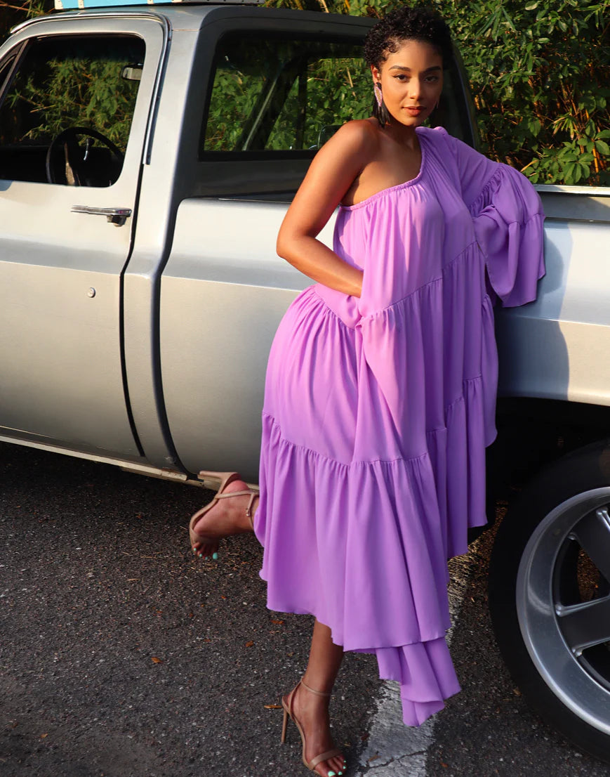 Meow and Barks Purple One Shoulder Joy Dress