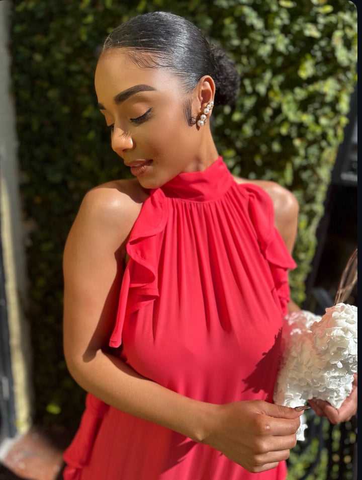 Meow and Barks Red Coral Pretty Girl Maxi Dress