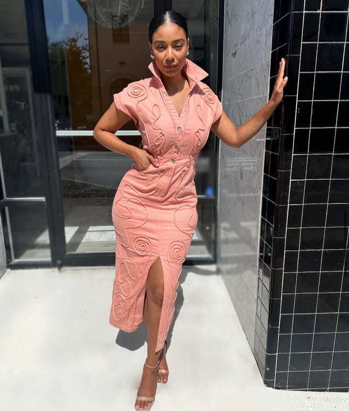 Meow and Barks Peach Stretch Denim Dress