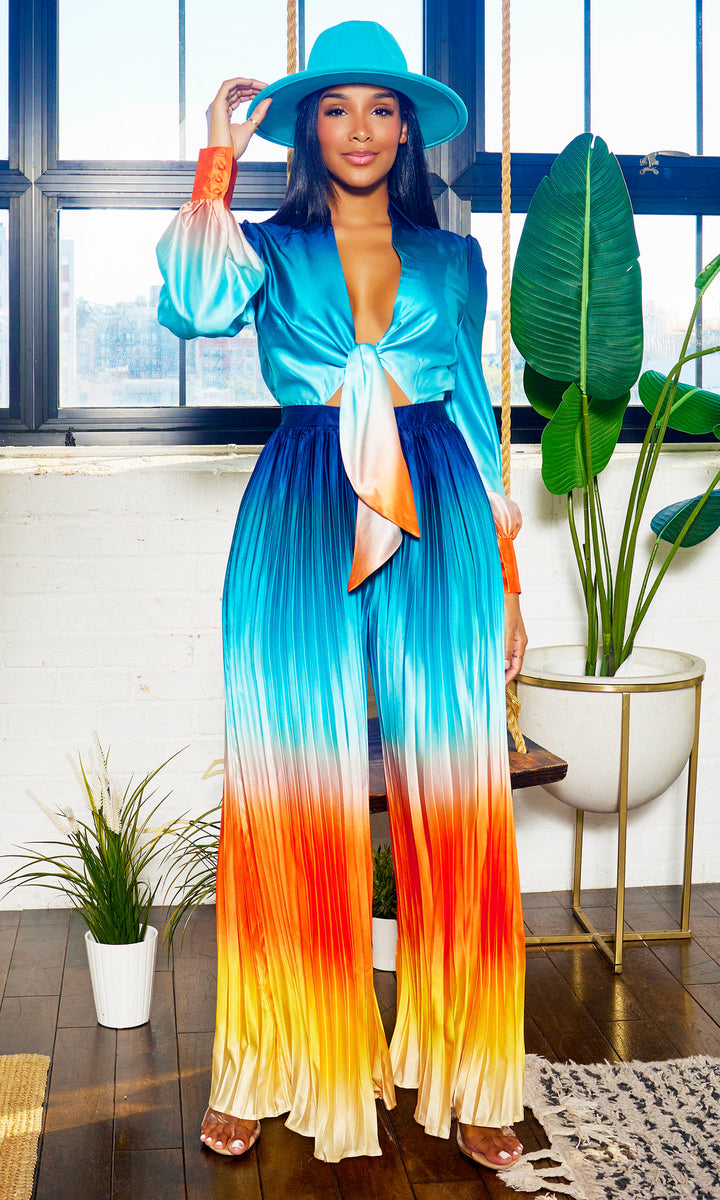 Cutely Covered Glam Pleated Jumpsuit Teal/Green Ombré (As Worn by Mya)