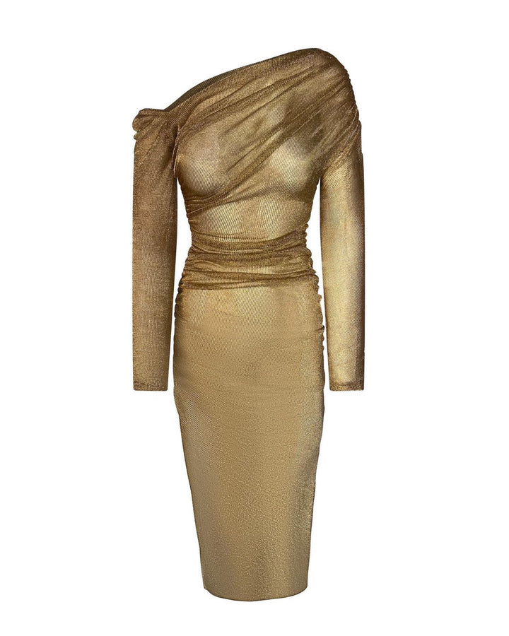 Allure Novembre Gold Mesh Off the Shoulder Dress