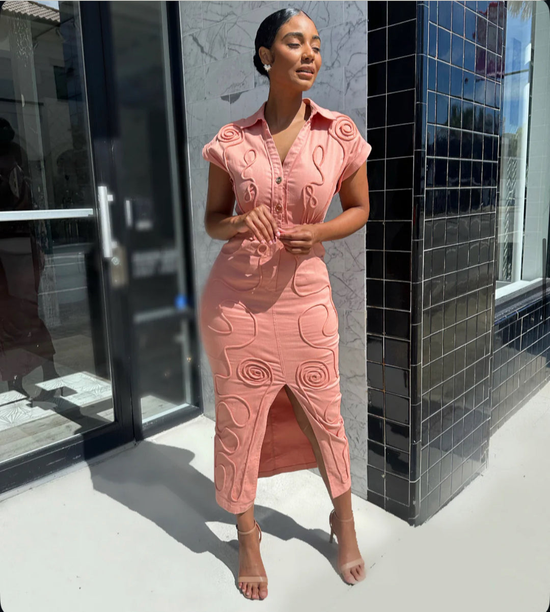 Meow and Barks Peach Stretch Denim Dress